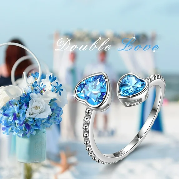 Juwaliy March Birthstone Ring Aquamarine 925 Sterling Silver Double Hearts Rings Bezel Blue Topaz Jewelry Women Birthday Mother's Day Gifts - Image 11