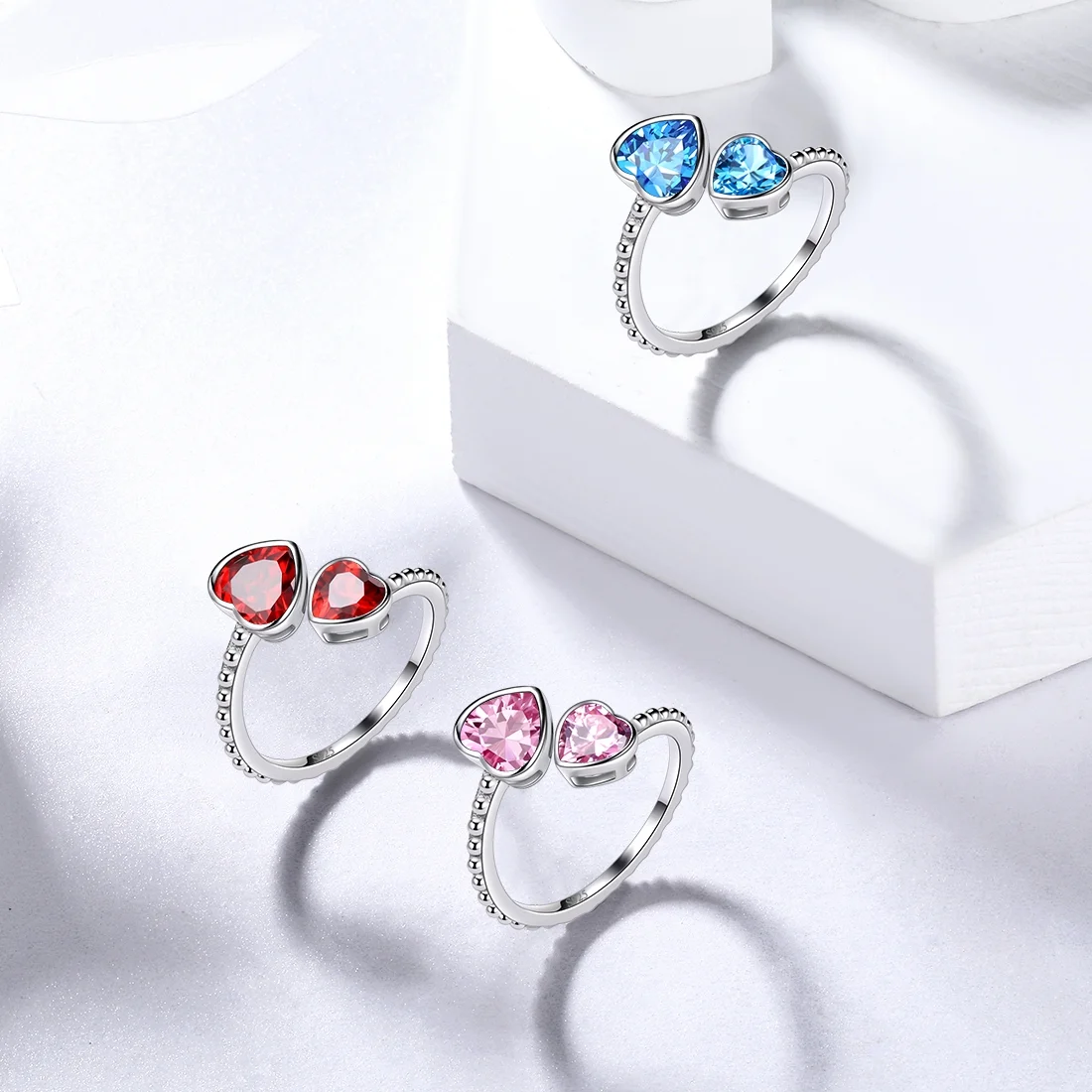 Juwaliy March Birthstone Ring Aquamarine 925 Sterling Silver Double Hearts Rings Bezel Blue Topaz Jewelry Women Birthday Mother's Day Gifts - Image 4