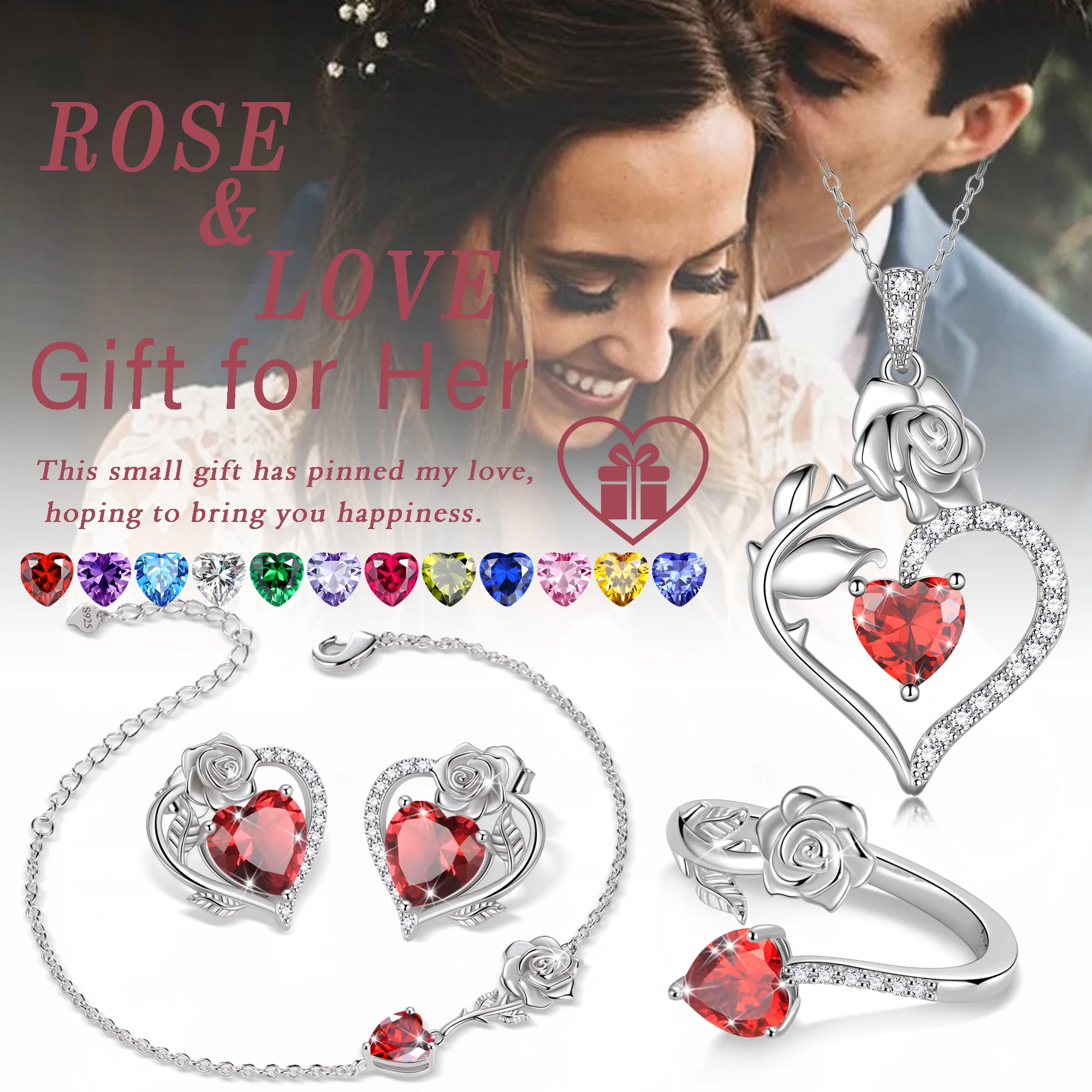 Beautlace Rose Heart Jewelry Set,December Birthstone Rose Flower Heart Necklace/Earrings/Ring/Bracelet Set 925 Sterling Silver Jewelry Birthday Christmas Valentines Mother's Day Gifts for Women Mom - Image 12