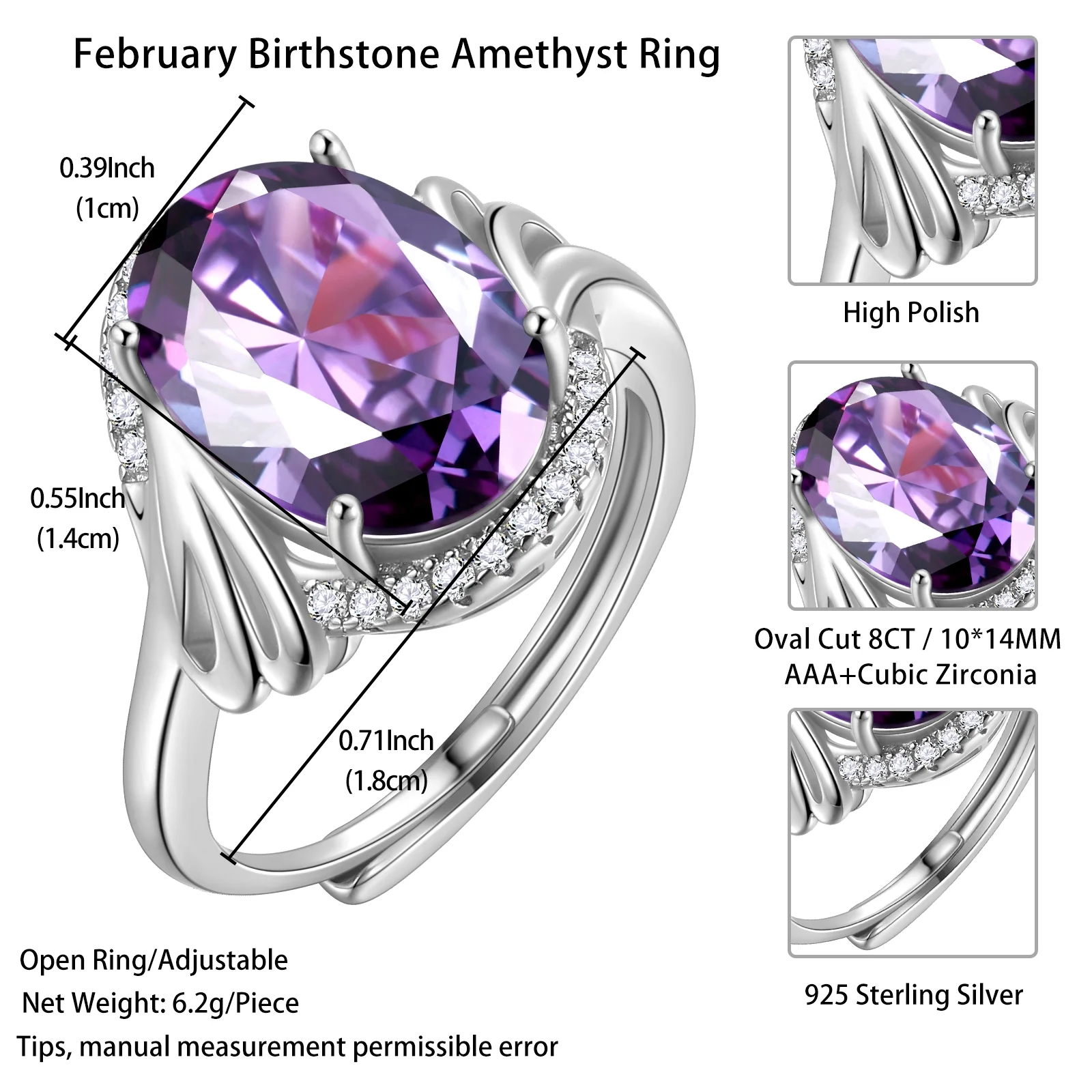 Juwaliy Halo Oval 8Ct Women Ring 925 Sterling Silver February Birthstone Amethyst Purple Crystal Jewelry Mother Grandma Birthday Valentine's Day Gift - Image 3