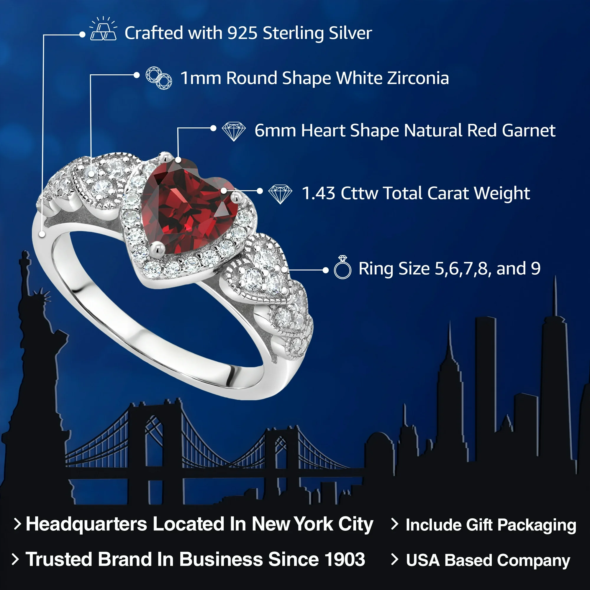 Gem Stone King 925 Sterling Silver Red Garnet Ring for Women (1.43 Cttw, Heart Shape 6MM, Gemstone Birthstone, Available in Size 5, 6, 7, 8, 9) - Image 6