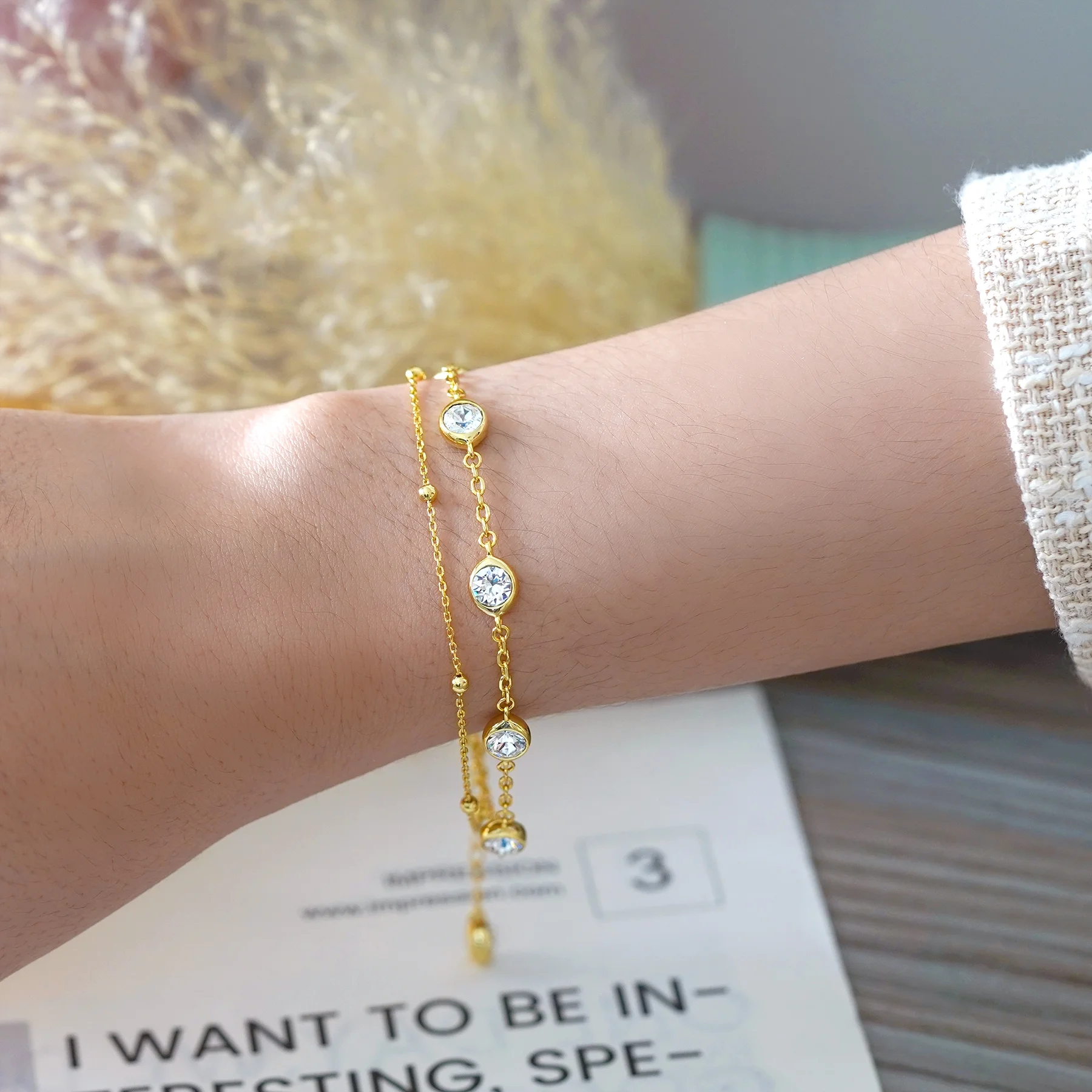 JeenMata 3.5 Carat April Birthstone Double Layer Bracelet - in Yellow Gold Plating for Women - Image 4