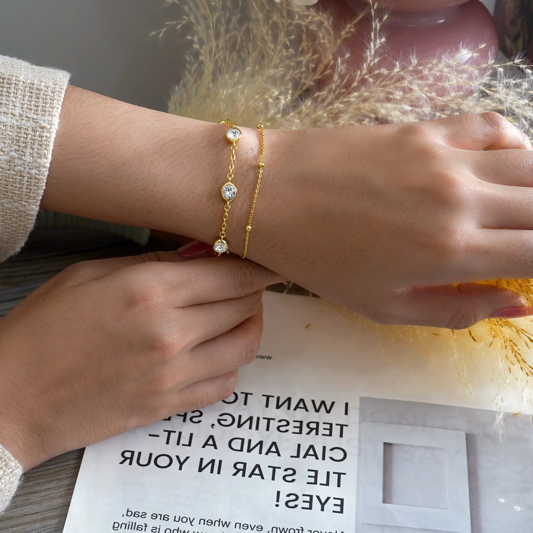 JeenMata 3.5 Carat April Birthstone Double Layer Bracelet - in Yellow Gold Plating for Women - Image 2