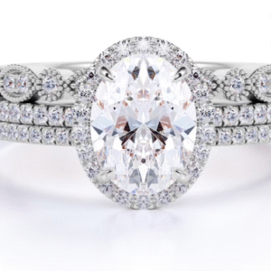 JeenMata Unique 2 Carat Real Moissanite Wedding Trio Ring Set with Engagement Ring and 2 Wedding Bands in 18k Gold Over Silver