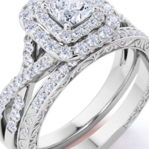 JeenMata 1.25 ct - Square Moissanite - Double Halo - Twisted Band - Vintage Inspired - Pave - Wedding Ring Set in 18K White Gold Plated for Women