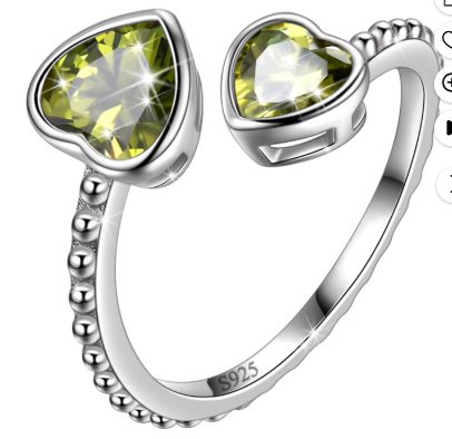Juwaliy August Birthstone Ring Peridot 925 Sterling Silver Double Hearts Rings Green Zirconia Women Jewelry Birthday Mother's Day Gifts - Image 2