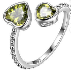 Juwaliy August Birthstone Ring Peridot 925 Sterling Silver Double Hearts Rings Green Zirconia Women Jewelry Birthday Mother's Day Gifts