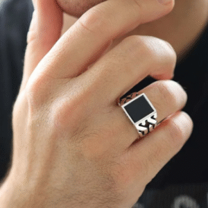 Chimoda Sterling Silver Rings for Men with Black Onyx Stone, Handmade Mens Jewelry Ring, Cuban link Chain Motif Men's Rings, Rings Silver (43Onx10)