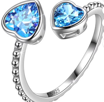 Juwaliy March Birthstone Ring Aquamarine 925 Sterling Silver Double Hearts Rings Bezel Blue Topaz Jewelry Women Birthday Mother's Day Gifts - Image 2