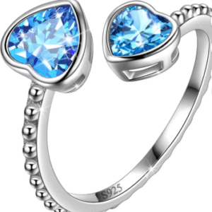 Juwaliy March Birthstone Ring Aquamarine 925 Sterling Silver Double Hearts Rings Bezel Blue Topaz Jewelry Women Birthday Mother's Day Gifts