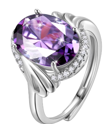 Juwaliy Halo Oval 8Ct Women Ring 925 Sterling Silver February Birthstone Amethyst Purple Crystal Jewelry Mother Grandma Birthday Valentine's Day Gift