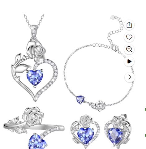 Beautlace Rose Heart Jewelry Set,December Birthstone Rose Flower Heart Necklace/Earrings/Ring/Bracelet Set 925 Sterling Silver Jewelry Birthday Christmas Valentines Mother's Day Gifts for Women Mom
