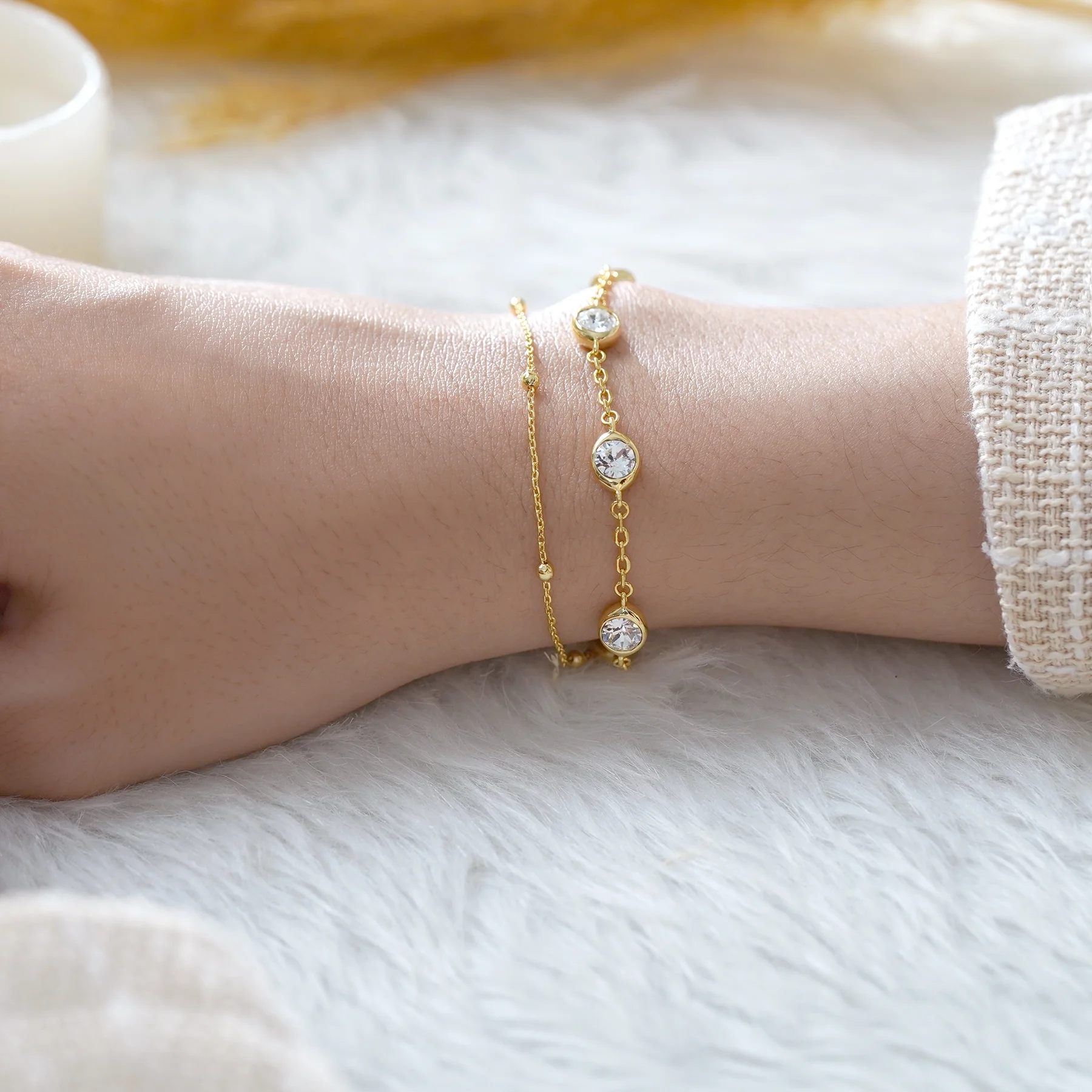 JeenMata 3.5 Carat April Birthstone Double Layer Bracelet - in Yellow Gold Plating for Women - Image 3