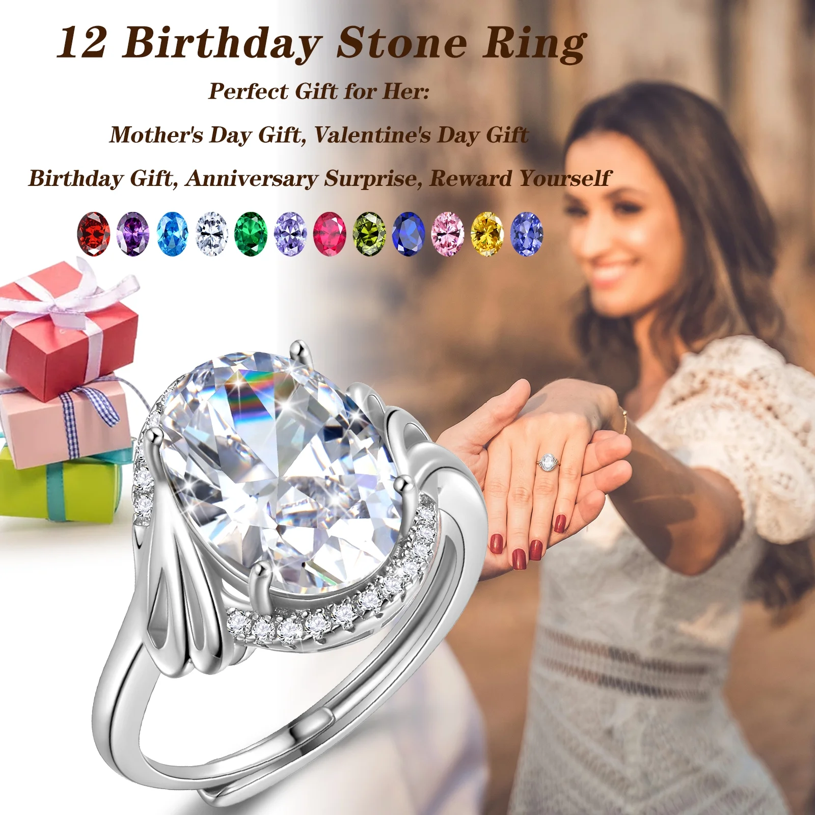 Juwaliy Halo Oval 8Ct Women Ring 925 Sterling Silver February Birthstone Amethyst Purple Crystal Jewelry Mother Grandma Birthday Valentine's Day Gift - Image 7