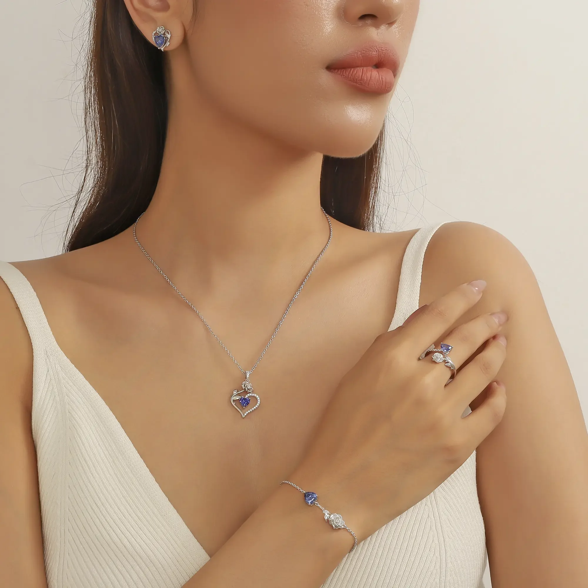 Beautlace Rose Heart Jewelry Set,December Birthstone Rose Flower Heart Necklace/Earrings/Ring/Bracelet Set 925 Sterling Silver Jewelry Birthday Christmas Valentines Mother's Day Gifts for Women Mom - Image 9