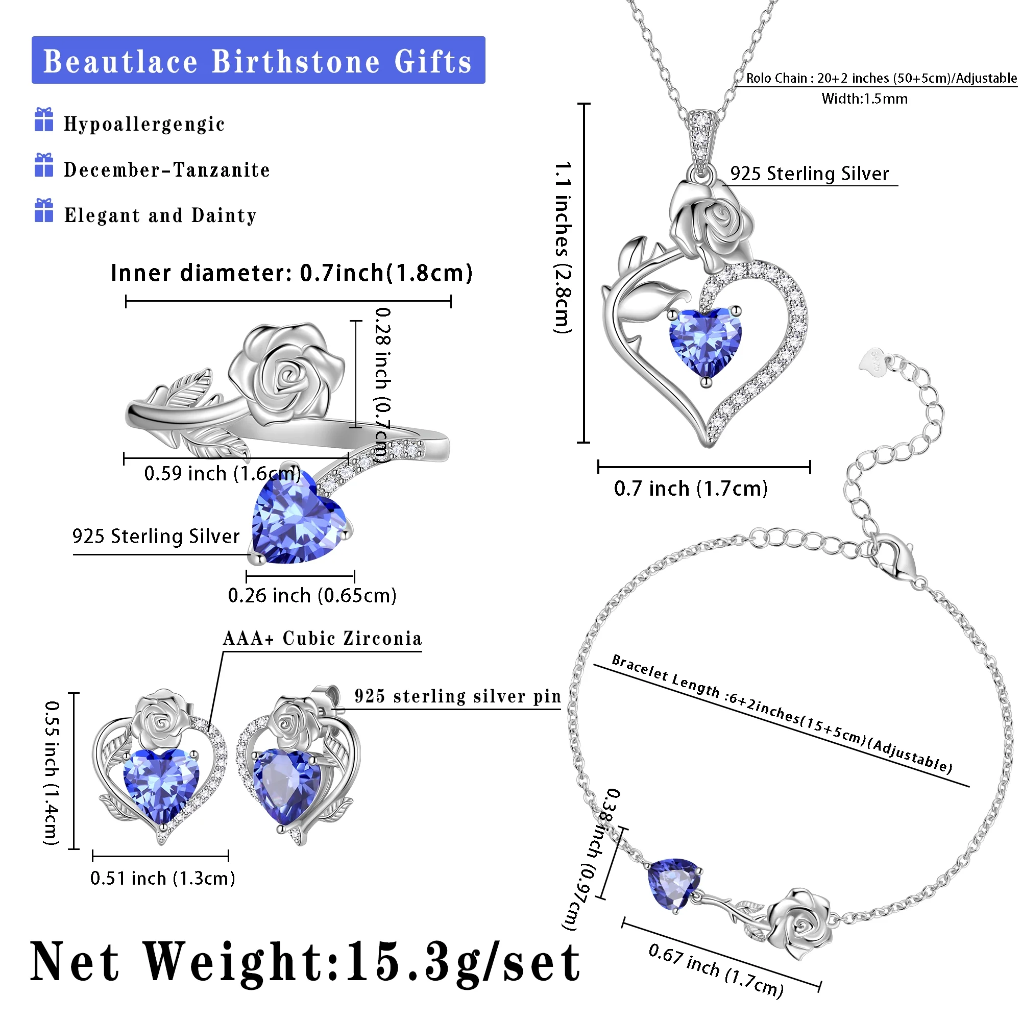Beautlace Rose Heart Jewelry Set,December Birthstone Rose Flower Heart Necklace/Earrings/Ring/Bracelet Set 925 Sterling Silver Jewelry Birthday Christmas Valentines Mother's Day Gifts for Women Mom - Image 7