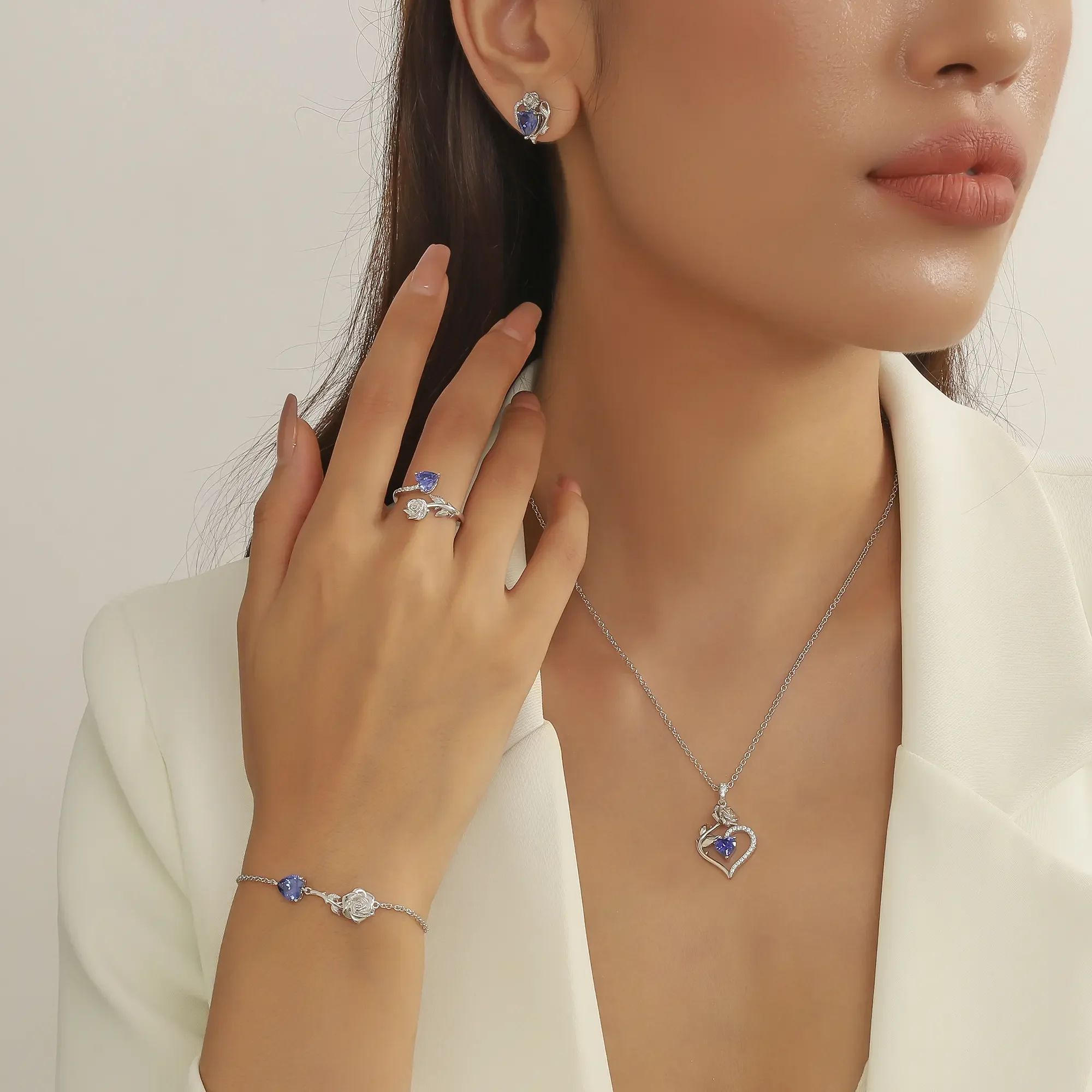 Beautlace Rose Heart Jewelry Set,December Birthstone Rose Flower Heart Necklace/Earrings/Ring/Bracelet Set 925 Sterling Silver Jewelry Birthday Christmas Valentines Mother's Day Gifts for Women Mom - Image 4