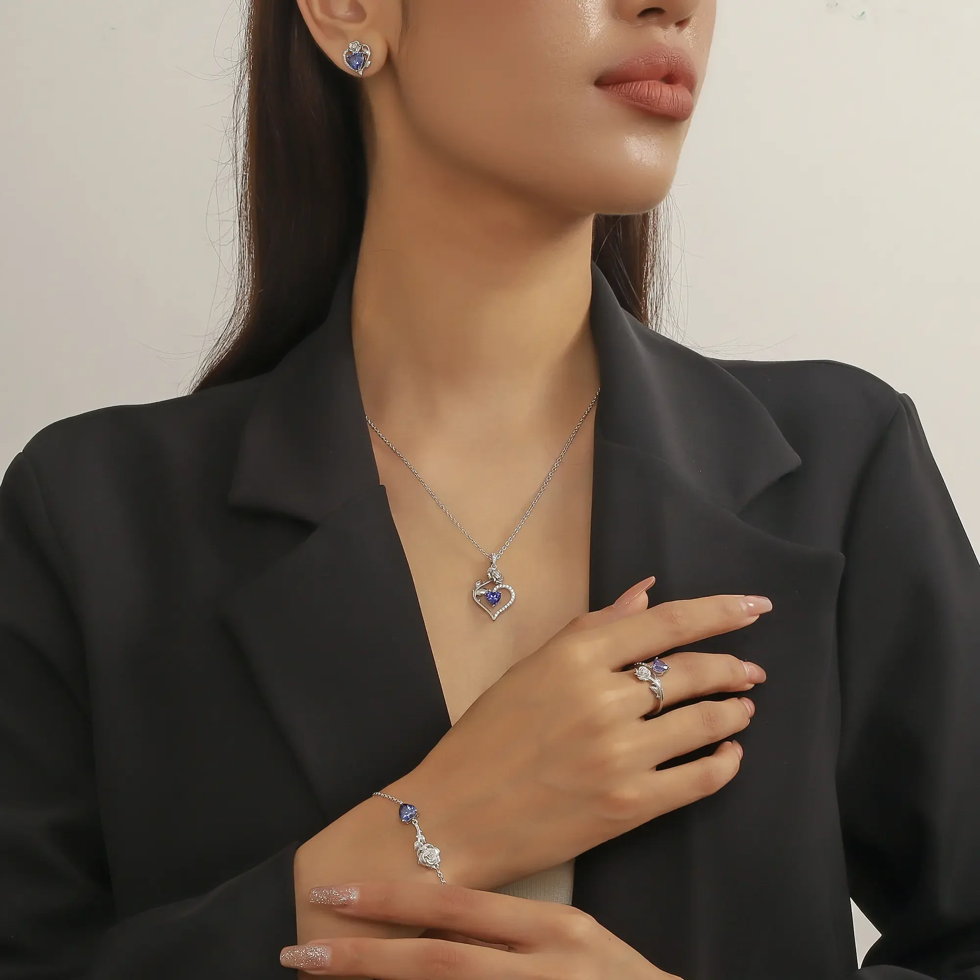 Beautlace Rose Heart Jewelry Set,December Birthstone Rose Flower Heart Necklace/Earrings/Ring/Bracelet Set 925 Sterling Silver Jewelry Birthday Christmas Valentines Mother's Day Gifts for Women Mom - Image 6