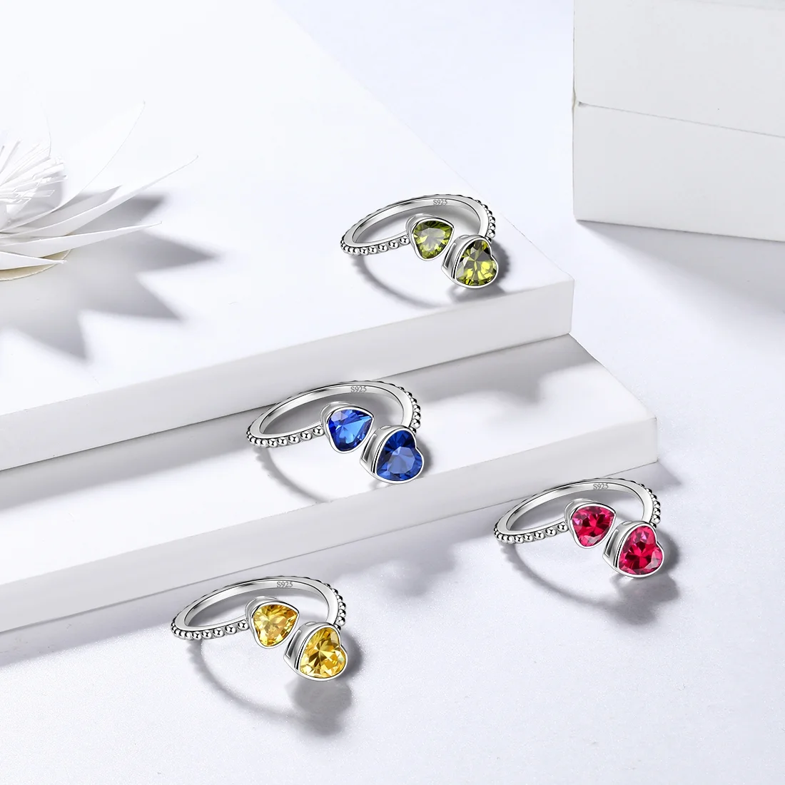 Juwaliy August Birthstone Ring Peridot 925 Sterling Silver Double Hearts Rings Green Zirconia Women Jewelry Birthday Mother's Day Gifts - Image 4