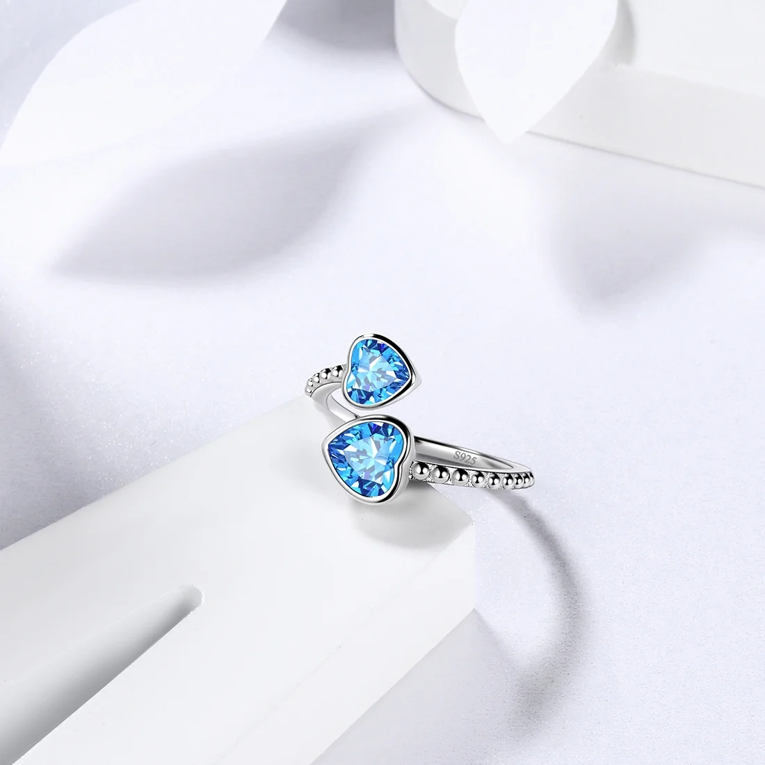 Juwaliy March Birthstone Ring Aquamarine 925 Sterling Silver Double Hearts Rings Bezel Blue Topaz Jewelry Women Birthday Mother's Day Gifts - Image 5
